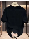 Baskılı Oversize Bisiklet Yaka T-shirt - Siyah