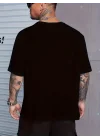 Baskılı Oversize Bisiklet Yaka T-shirt - Siyah