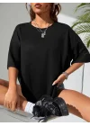 Baskılı Oversize Bisiklet Yaka T-shirt - Siyah