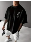 Baskılı Oversize Bisiklet Yaka T-shirt - Siyah