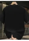 Baskılı Oversize Bisiklet Yaka T-shirt - Siyah
