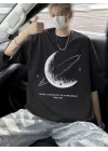Baskılı Oversize Bisiklet Yaka T-shirt - Siyah
