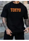 Baskılı Oversize Bisiklet Yaka T-shirt - Siyah
