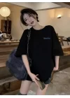 Baskılı Oversize Bisiklet Yaka T-shirt - Siyah