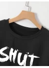 Baskılı Oversize Bisiklet Yaka T-shirt - Siyah