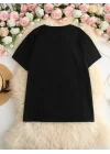 Baskılı Oversize Bisiklet Yaka T-shirt - Siyah