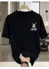 Baskılı Oversize Bisiklet Yaka T-shirt - Siyah