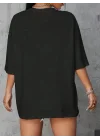 Baskılı Oversize Bisiklet Yaka T-shirt - Siyah