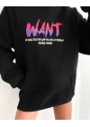 Baskılı Üç İplik Kapüşonlu Oversize Sweatshirt - Siyah
