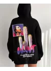 Baskılı Üç İplik Kapüşonlu Oversize Sweatshirt - Siyah