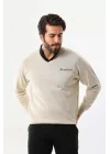 Baskılı V Yaka Uzun Kol Dokuma Triko - Bej