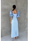 Bebe Mavi İşlemeli Kolu Garnili Elbise