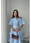 Siyah Kat Kat Balon Kollu Kemerli Elbise