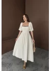 Bej Arkası Bağlamalı Keten Elbise
