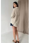 Bej Boyamalı Keten Baskılı Taşlı Gömlek