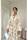 Bej Desenli Ve Önü Düğmeli Keten Elbise