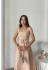 Ekru Kuplu Uzun Elbise