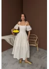 Bej Omuzu Bağcıklı Balon Kollu Brode Elbise