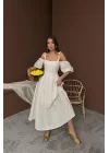 Bej Omuzu Bağcıklı Balon Kollu Brode Elbise