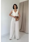 Bej Önü Düğmeli Yelek Ve Pantolon Takım