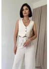 Bej Önü Düğmeli Yelek Ve Pantolon Takım