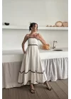 Bej Şerit Detay Keten Elbise