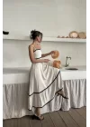 Bej Şerit Detay Keten Elbise