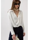 Bel Büzgülü Crop Saten Gömlek