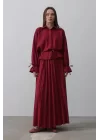 Bel Detaylı Bluz Pileli Etek - Bordo