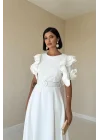 Beyaz Kolları Volanlı Kemerli Elbise