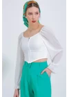 Beyaz Şifon Önü Fermuarlı Bluz 0496