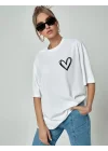 Bisiklet Yaka Baskılı Oversize T-Shirt - Beyaz