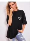 Bisiklet Yaka Baskılı Oversize T-Shirt - Siyah