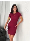 Bisiklet Yaka Kısa Kol Likralı Elbise - Bordo