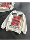 Bisiklet Yaka Üç İplik Baskılı Oversize SweatShirt - Beyaz