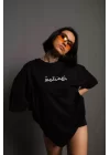Bisiklet Yakalı Sırt Baskılı Oversize T-Shirt - Siyah
