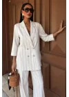 Blazer Ceketli Çizgili Keten Takım 10186