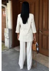 Blazer Ceketli Çizgili Keten Takım 10186