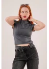 Boğazlı Parlak Kumaş Antrasit Crop
