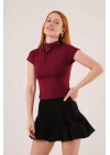 Boğazlı Parlak Kumaş Bordo Crop