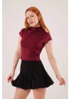 Boğazlı Parlak Kumaş Bordo Crop