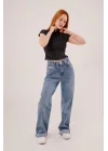 Boğazlı Parlak Kumaş Siyah Crop
