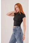 Boğazlı Parlak Kumaş Siyah Crop