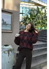 Kadın Bordo Lacivert Baklava Desenli Bisiklet Yaka Triko Kazak
