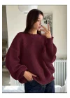 Kadın Bordo Selanik Örgü Bisiklet Yaka Oversize Salaş Triko Kazak