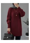 Kadın Bordo Bisiklet Yaka Oversize Triko Tunik Kazak