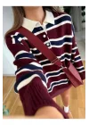 Kadın Bordo Polo Yaka Çizgili Düğmeli Oversize Triko Kazak