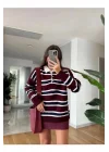 Kadın Bordo Polo Yaka Çizgili Düğmeli Oversize Triko Kazak