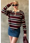 Kadın Bordo Polo Yaka Çizgili Düğmeli Oversize Triko Kazak