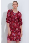 Bordo Gül Desenli Midi Elbise 2477